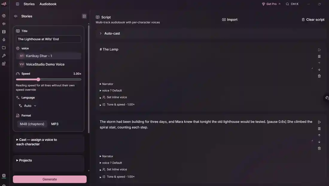 VoiceStudio Stories audiobook editor with a script, narrator controls, voice selection and export format settings