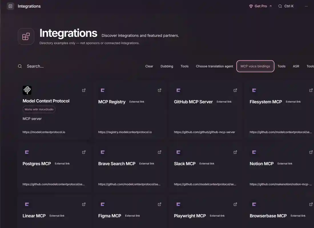 VoiceStudio Integrations directory with the MCP voice bindings category selected